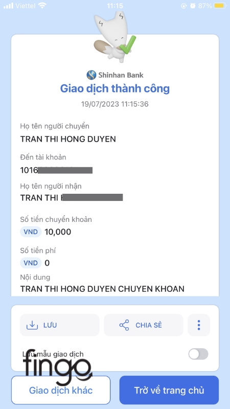 Nhận thông báo chuyển tiền Shinhan Bank thành công