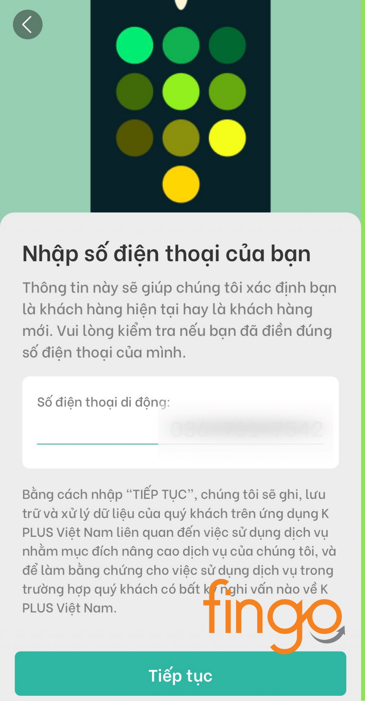 Nhập số điện thoại và chọn “Tiếp tục”
