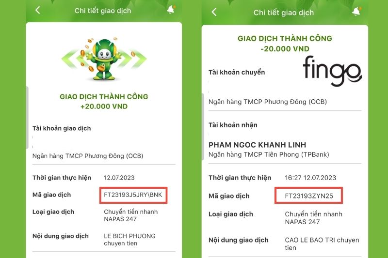 Cách phân biệt mã giao dịch chuyển tiền và nhận tiền của ngân hàng OCB.