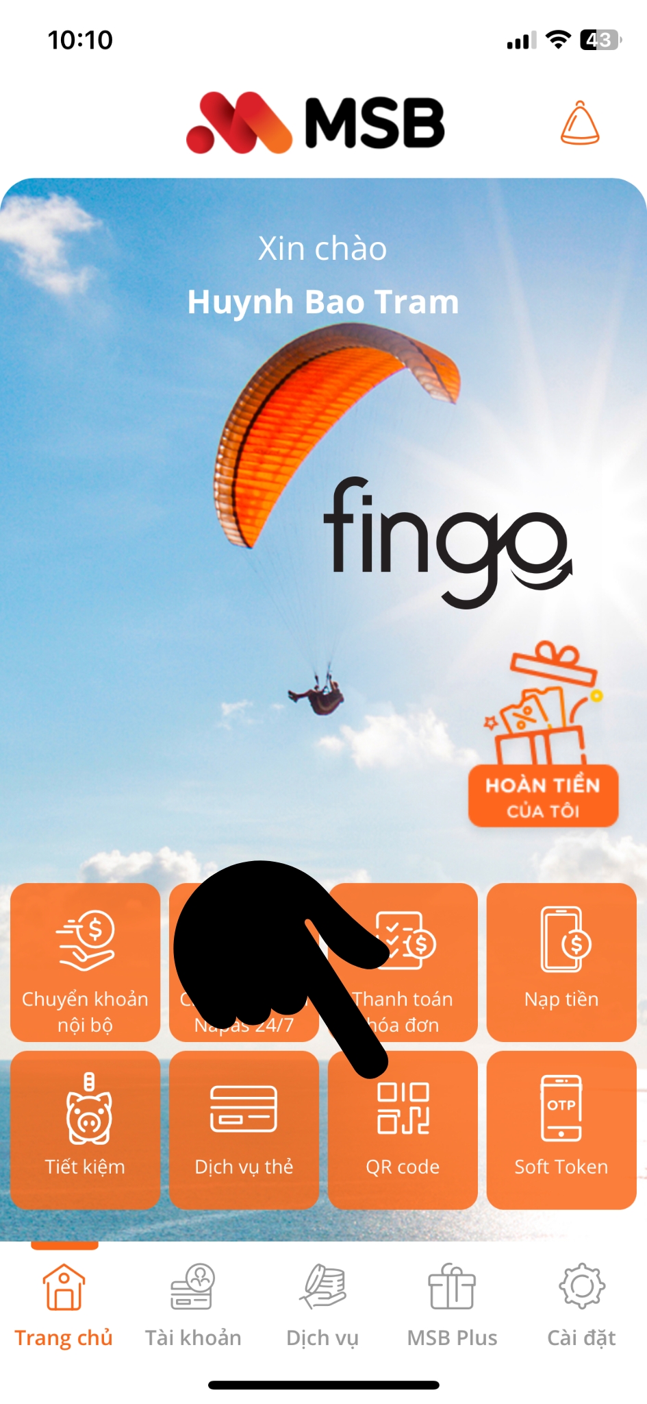 Rút tiền bằng mã QR MSB bước 1