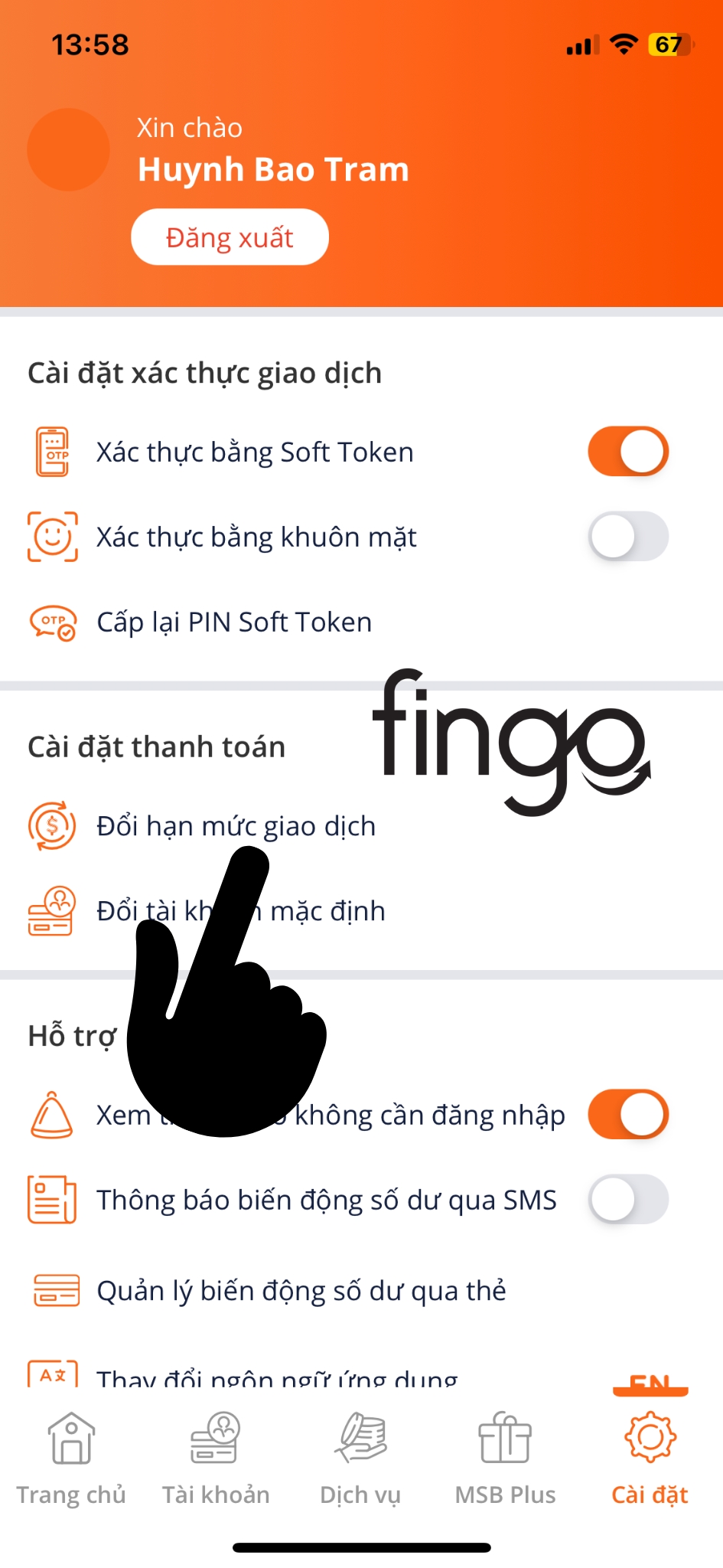 Chọn "Đổi hạn mức giao dịch".