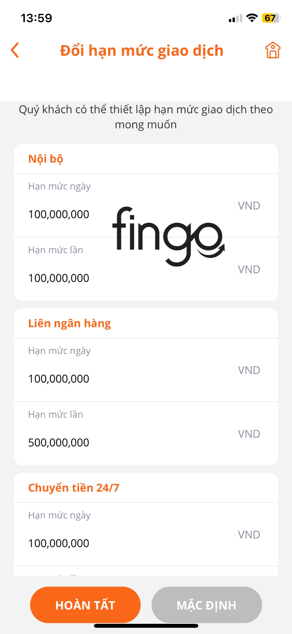 Thiết lập hạn mức giao dịch theo mong muốn. Sau đó chọn "Hoàn tất".