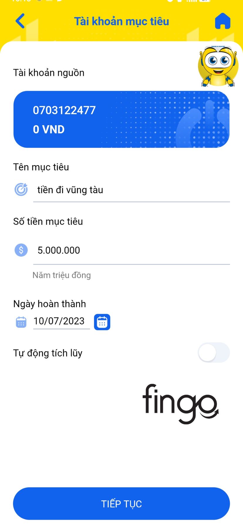 Điền vào mục tiêu tiết kiệm của bạn vào các ô "Tên mục tiêu" và "Số tiền mục tiêu".