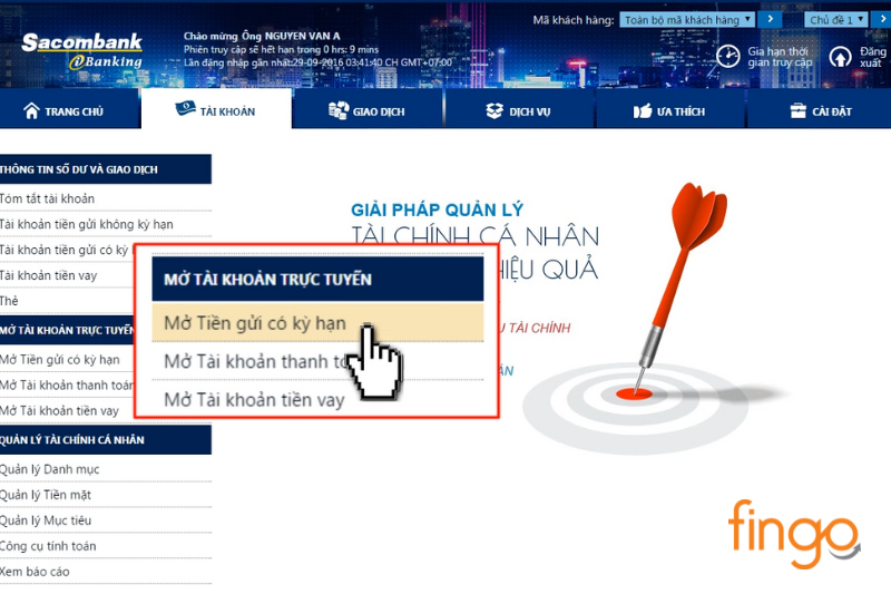 Chọn "Tài khoản" và chọn mục "Mở tiền gửi có kỳ hạn"