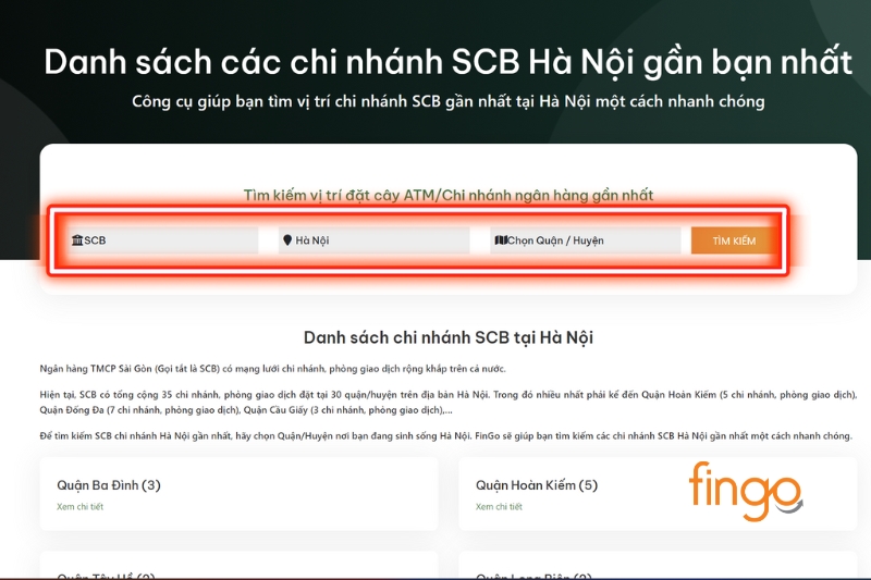 Lọc chọn ngân hàng SCB, tỉnh, quận/huyện. Bấm Tìm kiếm.