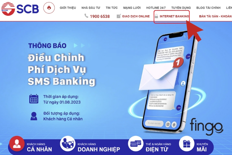 Truy cập vào website ngân hàng SCB tại đây, chọn mục Internet Banking.