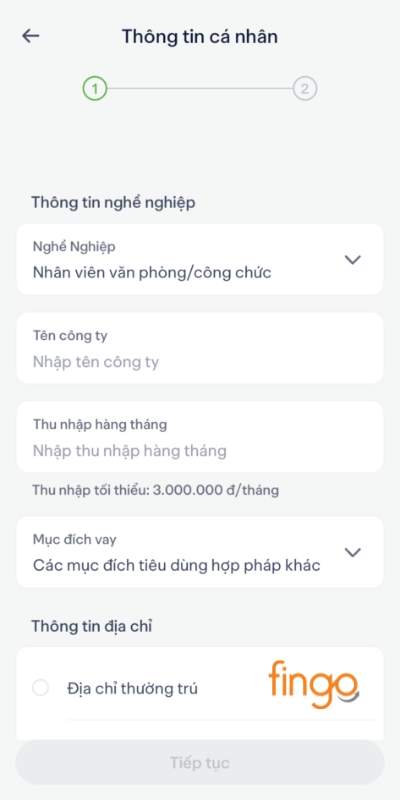 Điền thông tin cá nhân và thông tin người tham chiếu để xác nhận ứng tiền