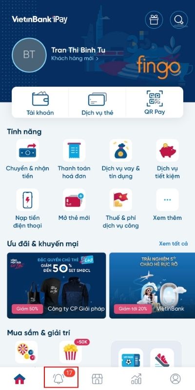 Đăng nhập vào ứng dụng Vietinbank iPay và bấm vào biểu tượng thông báo