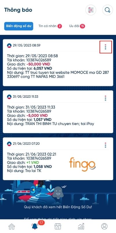 Chọn thông báo biến động số dư bạn muốn xóa