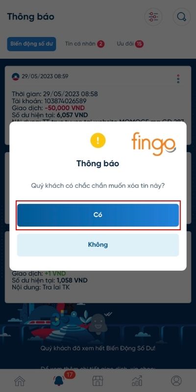 Xác nhận xóa thông báo biến động số dư