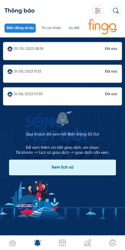 Toàn bộ thông báo biến động số dư đã bị xóa thành công