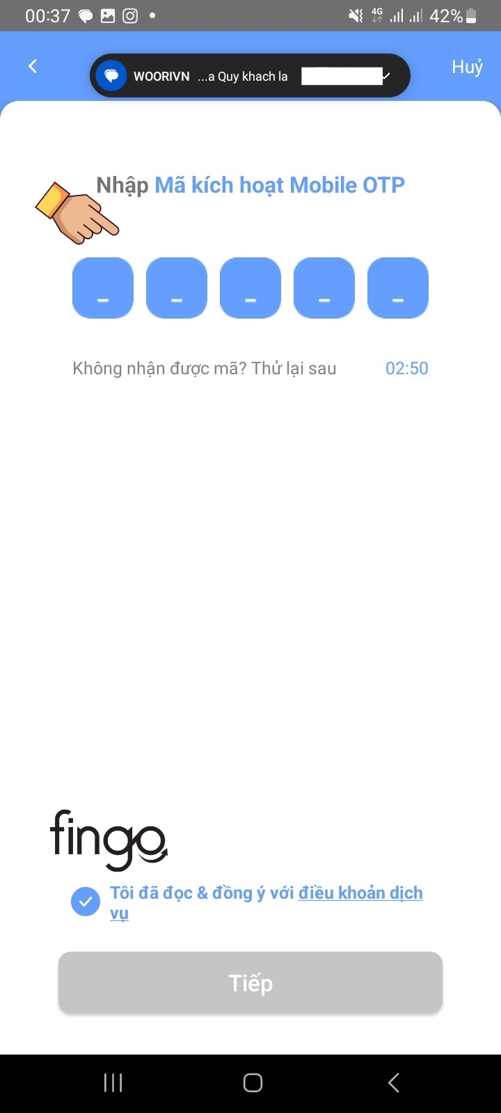 Nhập mã kích hoạt do Woori Bank cung cấp