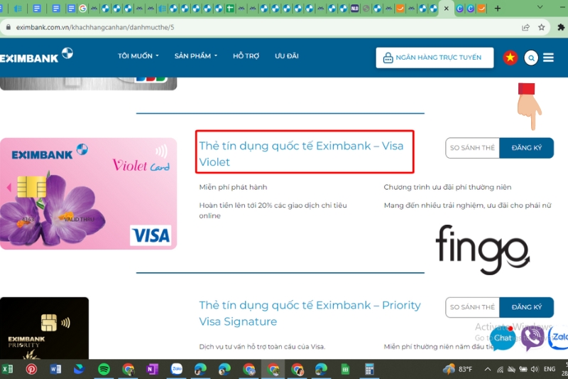 Chọn “Thẻ tín dụng quốc tế Eximbank – Visa Violet” sau đó chọn “Đăng ký”