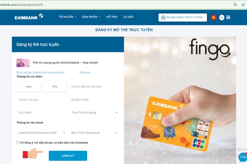 Điền thông tin “Đăng ký thẻ trực tuyến, nhấn “Đăng ký” thẻ tín dụng Eximbank Visa Violet 
