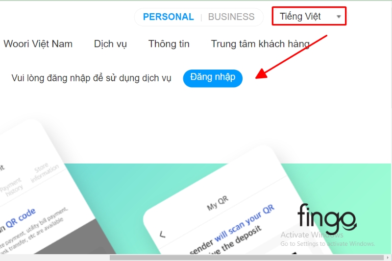 Truy cập vào website của Internet Banking Woori Bank, chọn "Ngôn ngữ" và bấm "Đăng nhập".