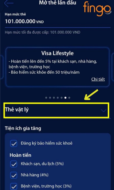 Chọn một trong hai mục Thẻ vật lý hoặc Thẻ ảo để phát hành.
