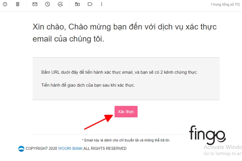 Vào Email được gửi đến và bấm "Xác thực"