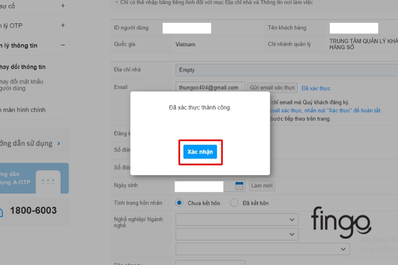 Sau khi "Xác thực Email" quay lại trang nhấn "Xác nhận".