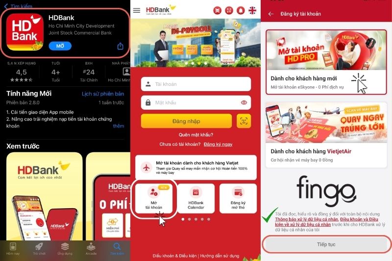 Tải ứng dụng HDBank. Chọn "Mở tài khoản" và "Dành cho khách hàng mới"