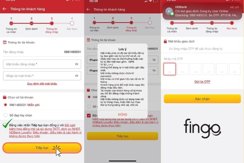 Nhập mật khẩu và xác nhận mã OTP để hoàn tất đăng ký.