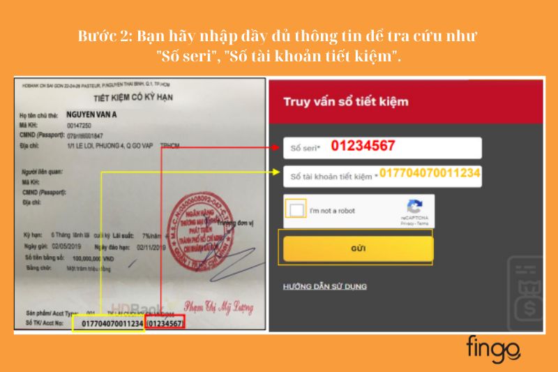 Nhập đầy đủ thông tin để tra cứu như "Số seri", "Số tài khoản tiết kiệm".