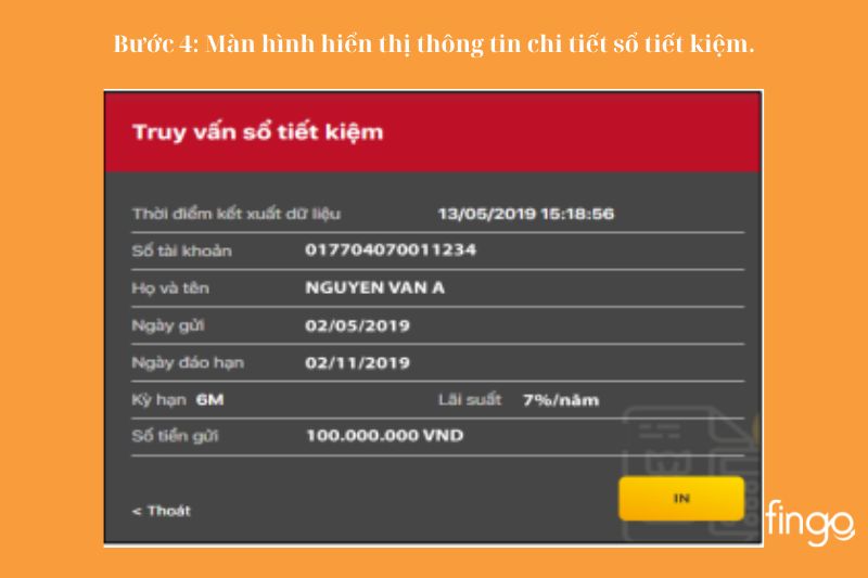 Màn hình hiển thị thông tin chi tiết sổ tiết kiệm