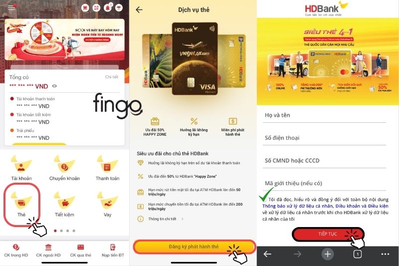 Mở ứng dụng HDBank, sau đó chọn mục "Thẻ" và nhấn vào "Đăng ký phát hành thẻ". Tiếp theo, điền điền đầy đủ thông tin yêu cầu và nhấn "Tiếp tục".