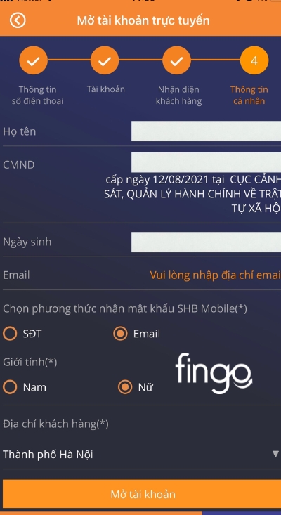 Chọn mục mở tài khoản sau khi kiểm tra thông tin cá nhân