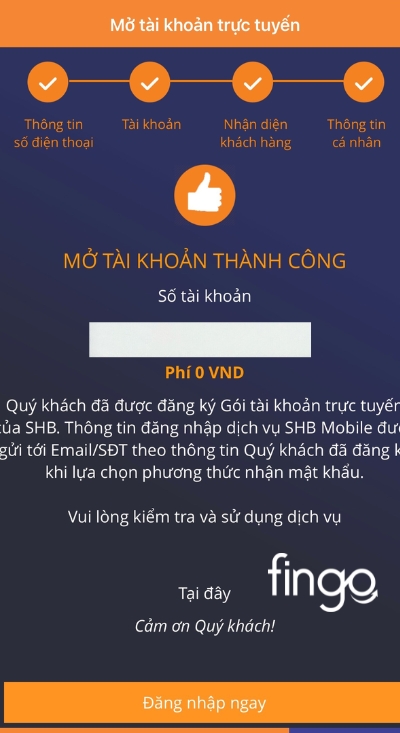 Thông báo mở tài khoản thành công