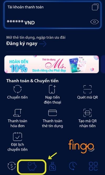 Đăng nhập ứng dụng. Chọn biểu tưởng heo đất.