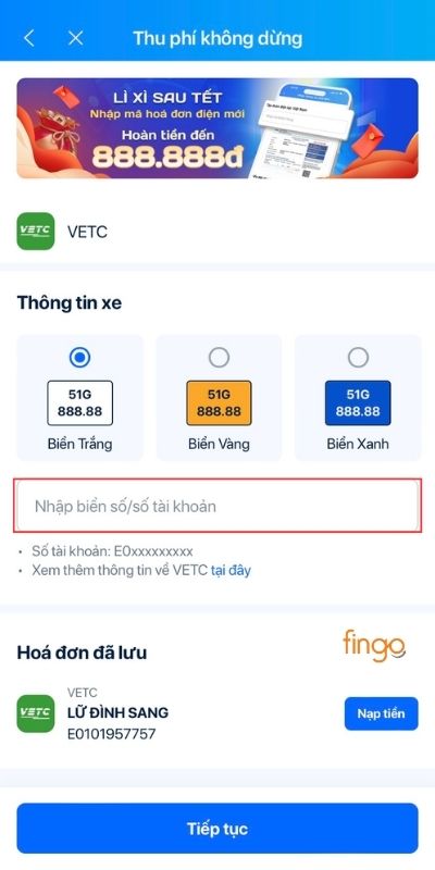 Chọn loại biển xe và nhập biển số/số tài khoản