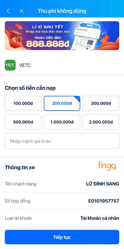 Chọn hoặc nhập số tiền cần nạp