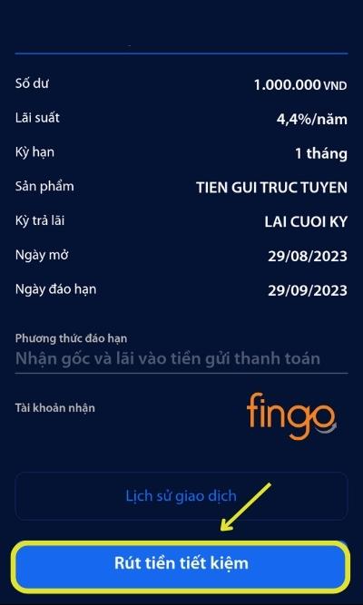 Tại màn hình thông tin tài khoản tiết kiệm, chọn mục Rút tiền tiết kiệm