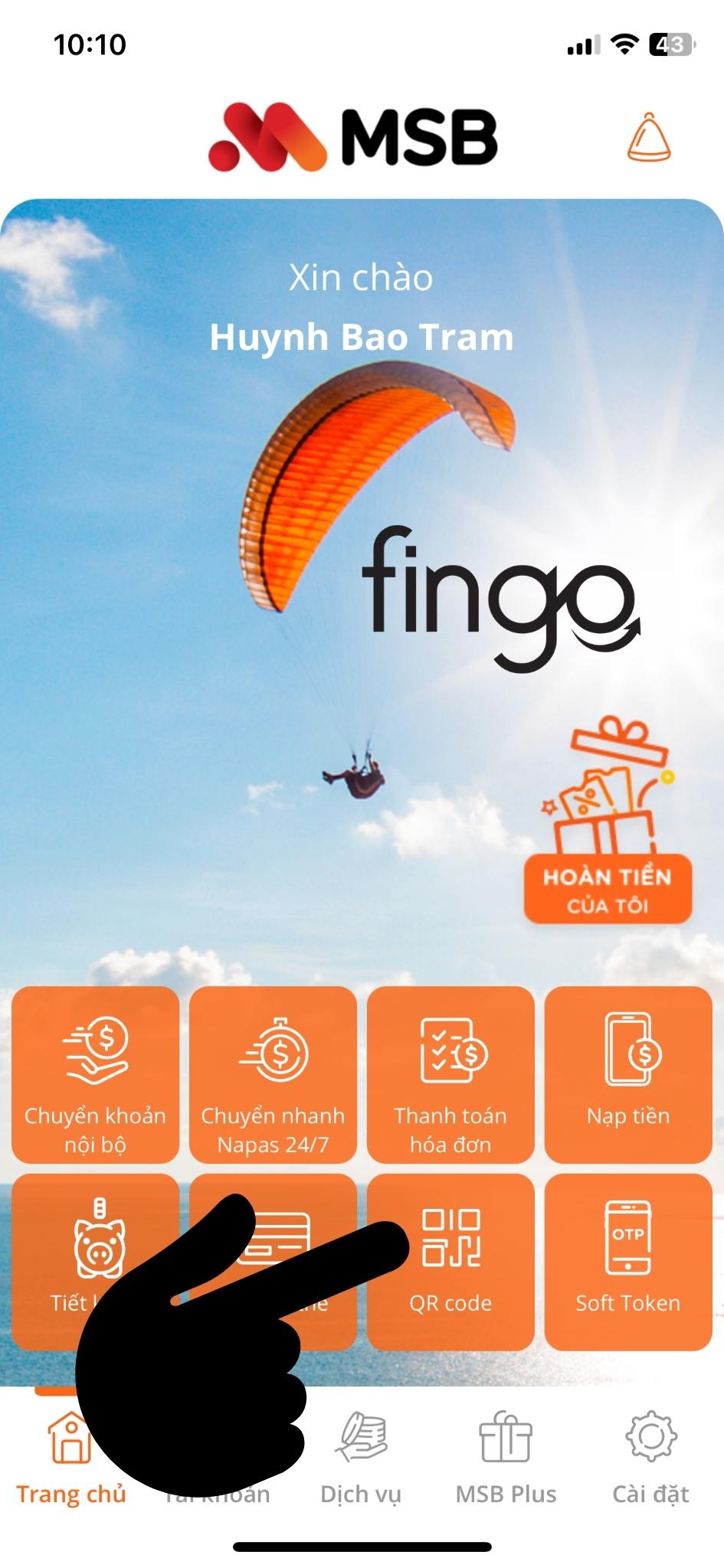 Đăng nhập vào ngân hàng số MSB mBank. Chọn "QR Code".