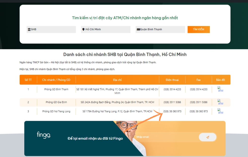 Số điện thoại của chi nhánh ngân hàng SHB mà bạn muốn tìm
