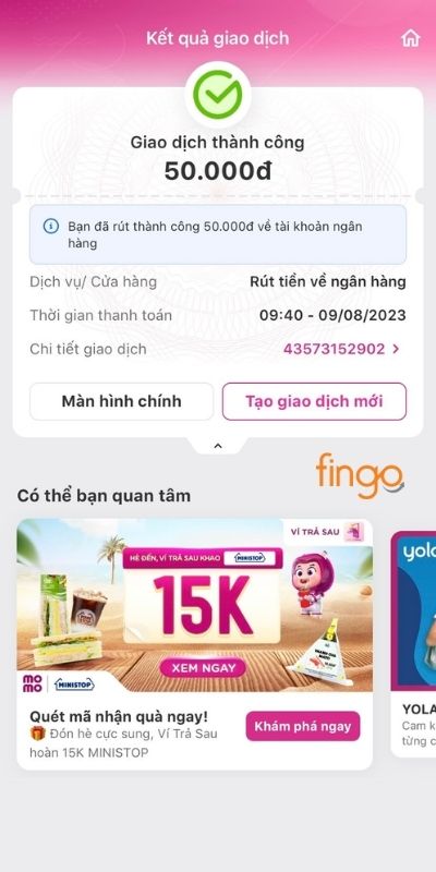 Hóa đơn giao dịch thành công tại ví MoMo