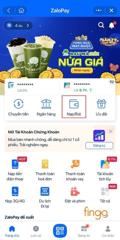 Vào Ví ZaloPay và chọn tính năng Nạp/Rút