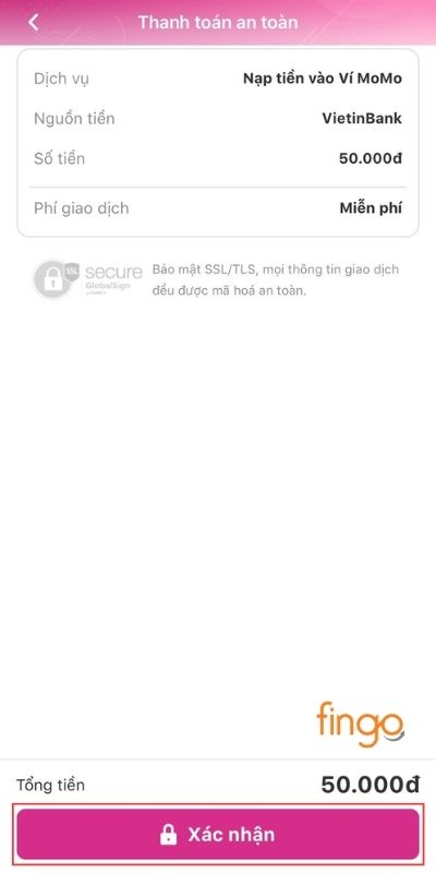 Xác nhận giao dịch nạp tiền vào ví MoMo