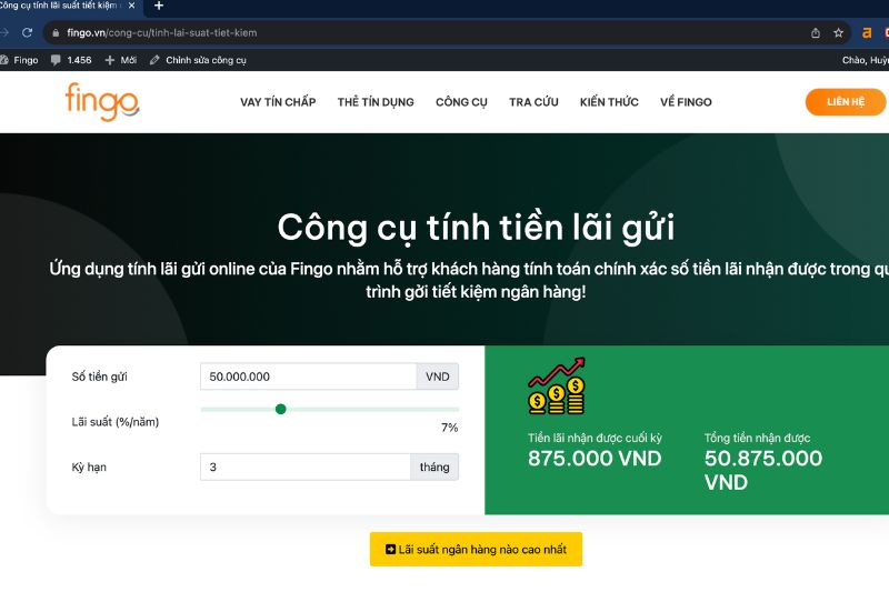 Nhập "Số tiền gửi", "Lãi suất (%/năm)" và "Kỳ hạn". Số tiền bạn nhận được sẽ được tính ngay khi bạn nhập xong.