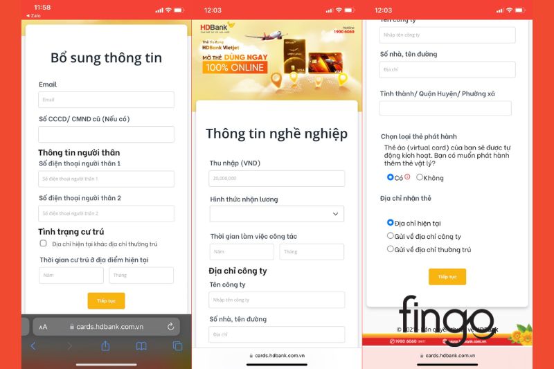 Bổ sung thông tin cá nhân, nghề nghiệp và hoàn thành mở thẻ HDBank online