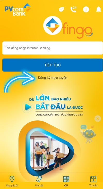 Nhấn chọn mục đăng ký trực tuyến