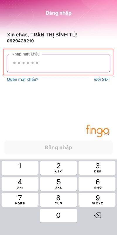 Nhập mật khẩu để đăng nhập vào MoMo