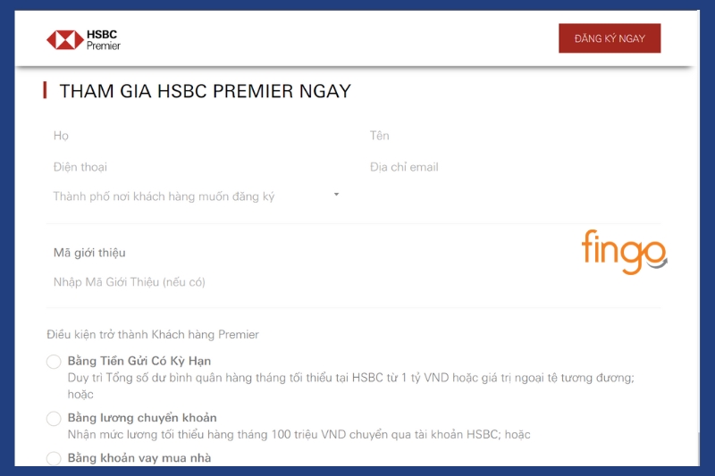 Đăng ký dịch vụ HSBC Premier trực tuyến