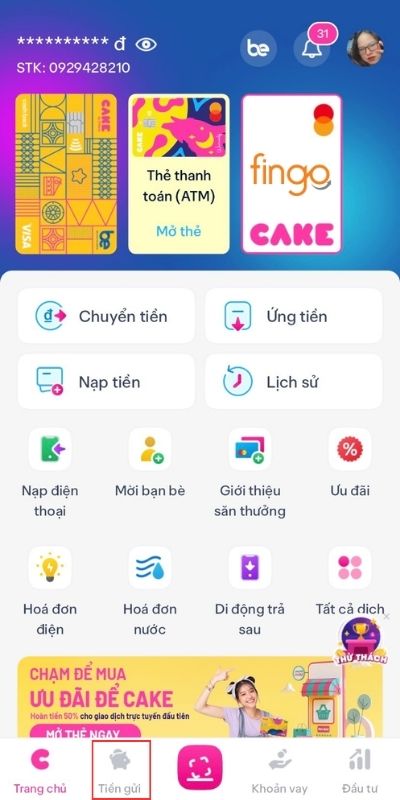 Chọn tính năng Tiền gửi