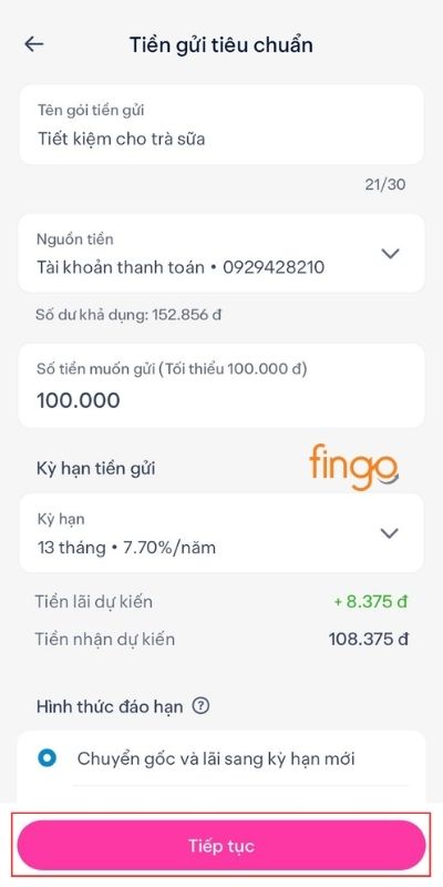 Nhập số tiền muốn gửi và kỳ hạn cùng hình thức đáo hạn bạn mong muốn