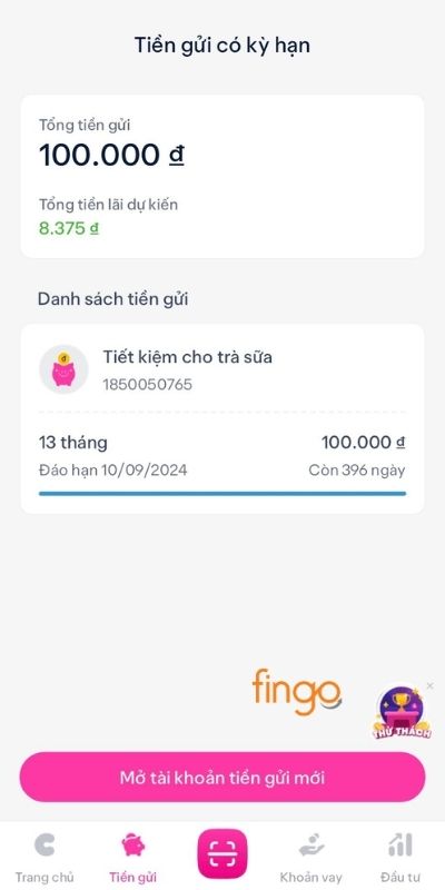 Gửi tiết kiệm online Cake thành công