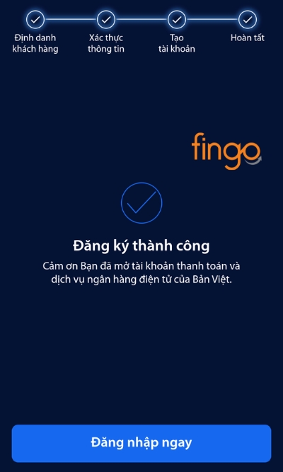 Lúc này, màn hình hiện thị thông báo đăng ký mở tài khoản thành công. Khách hàng lúc này có thể sử dụng tài khoản.