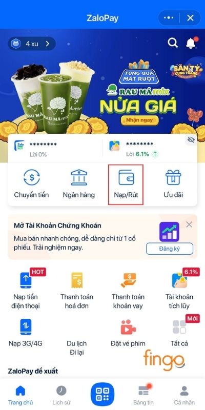 Đăng nhập vào ví ZaloPay và chọn tính năng Nạp/Rút tiền