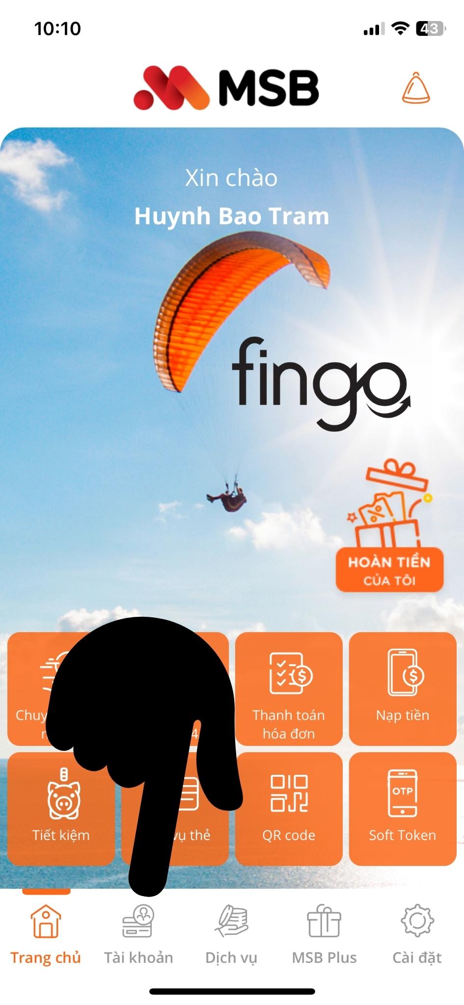 Đăng nhập vào ứng dụng MSB mBank. Chọn "Tài khoản".