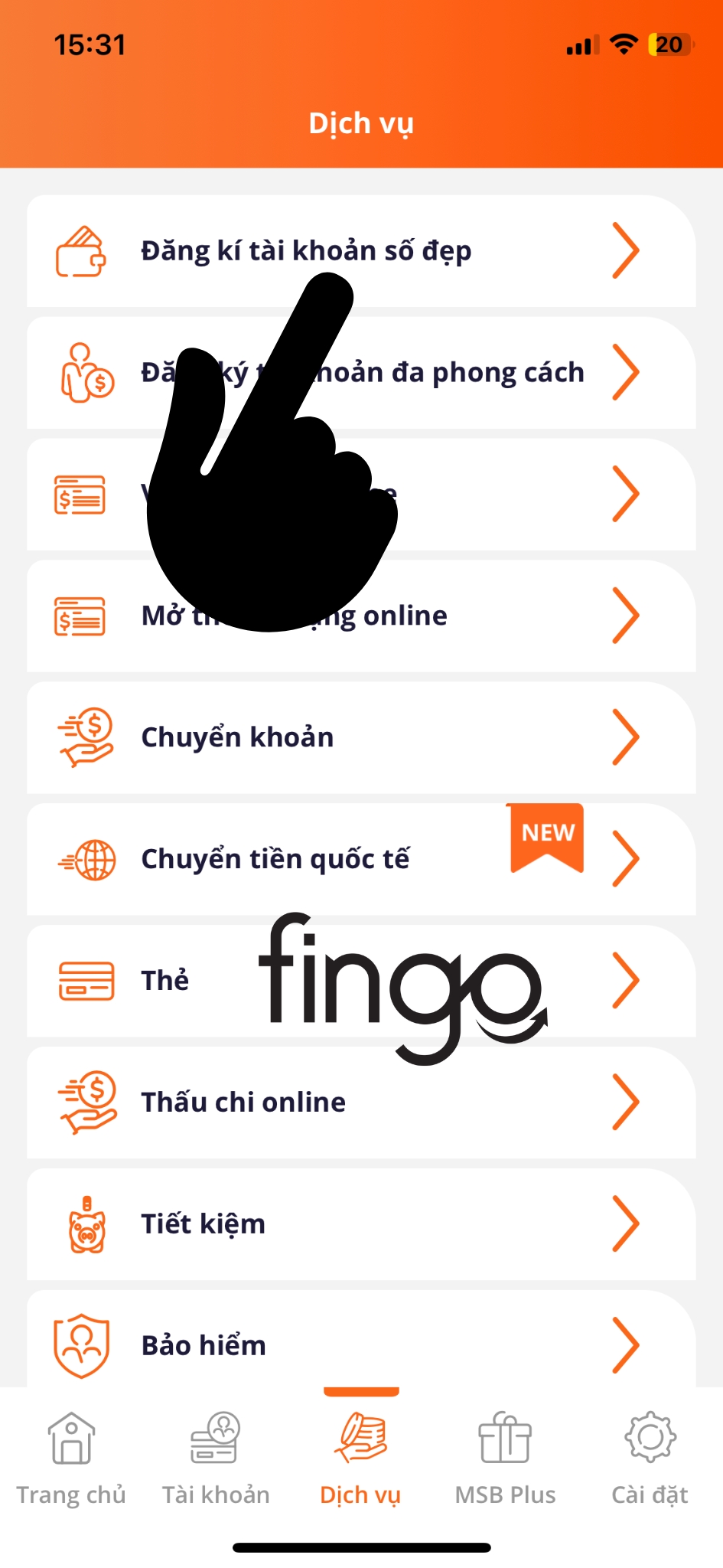 Chọn "Đăng kí tài khoản số đẹp".